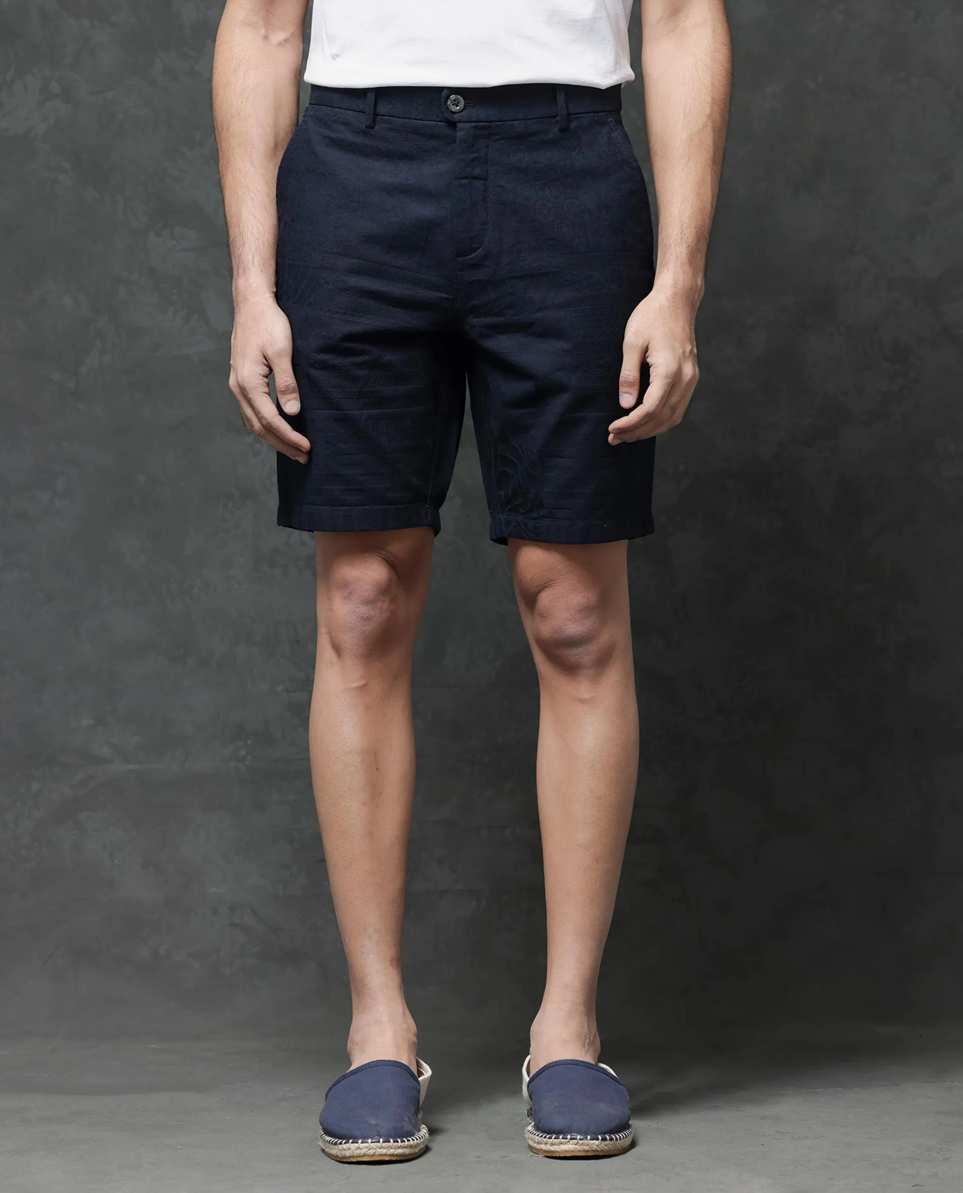 Rare Rabbit Mens Jecky Navy Jacquard Textured Regular Fit Shorts