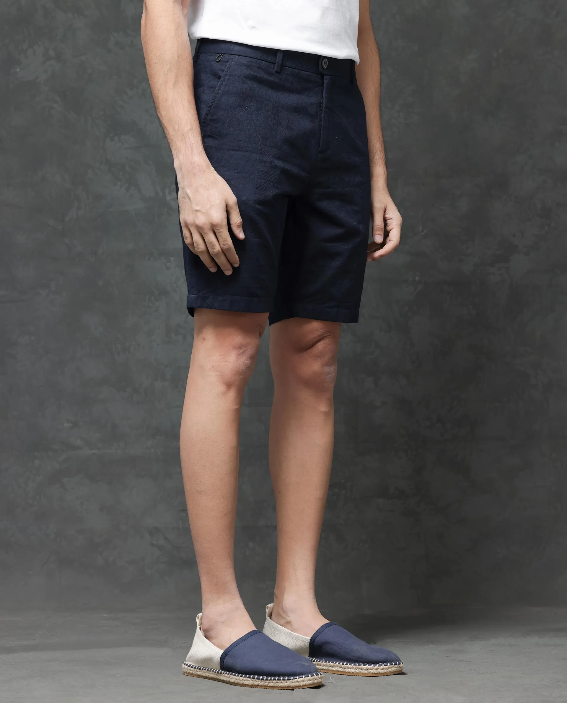 Rare Rabbit Mens Jecky Navy Jacquard Textured Regular Fit Shorts