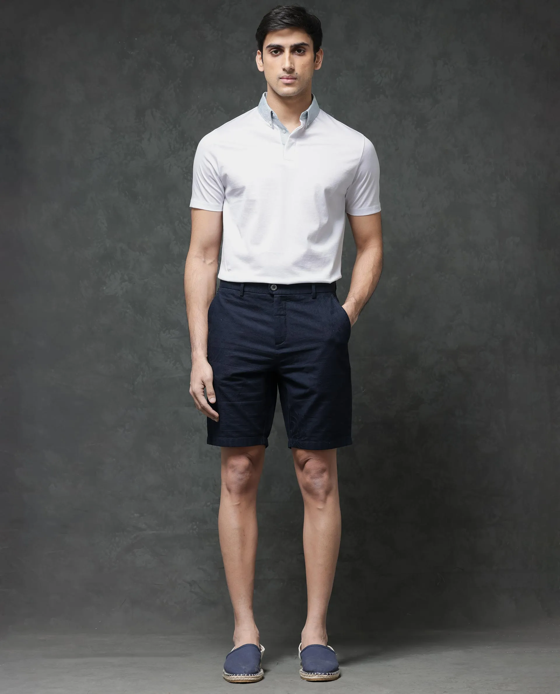 Rare Rabbit Mens Jecky Navy Jacquard Textured Regular Fit Shorts