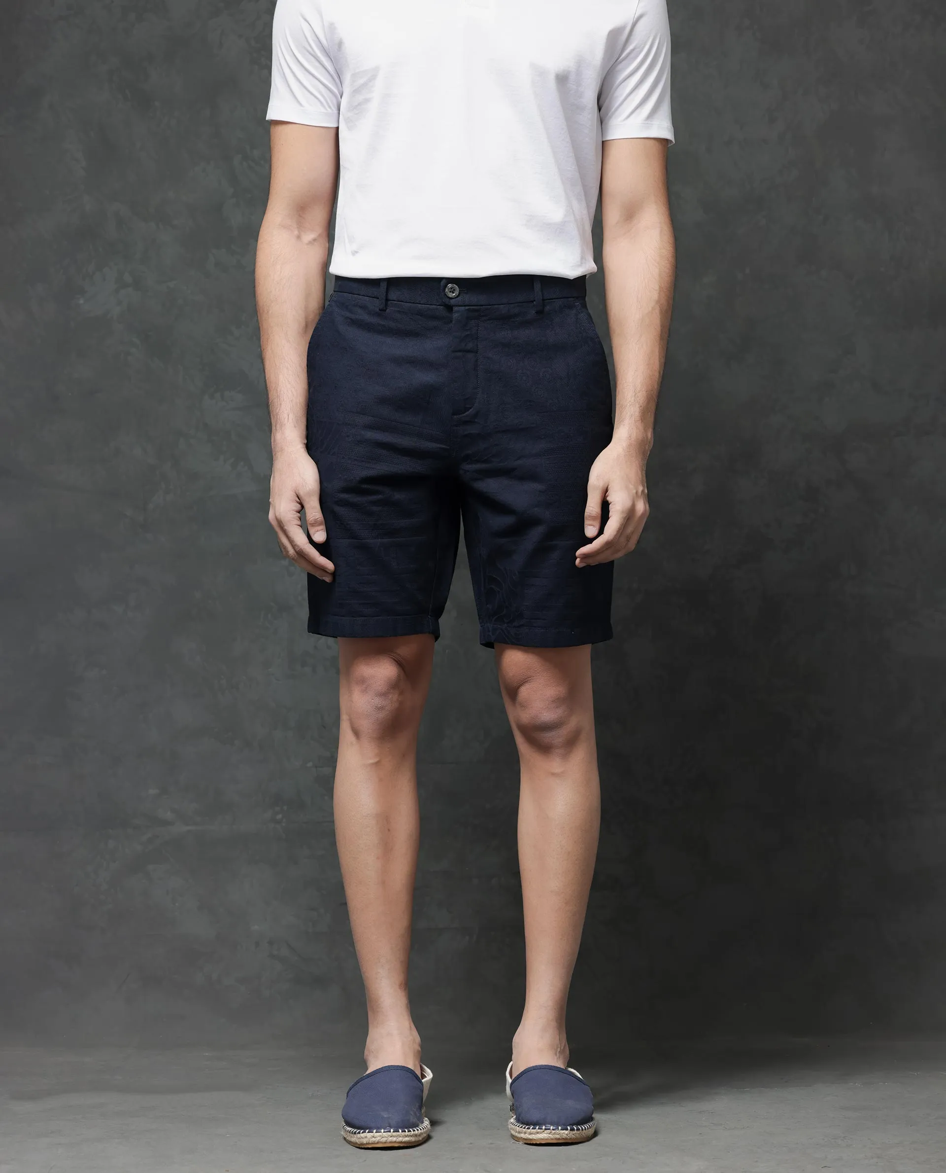 Rare Rabbit Mens Jecky Navy Jacquard Textured Regular Fit Shorts