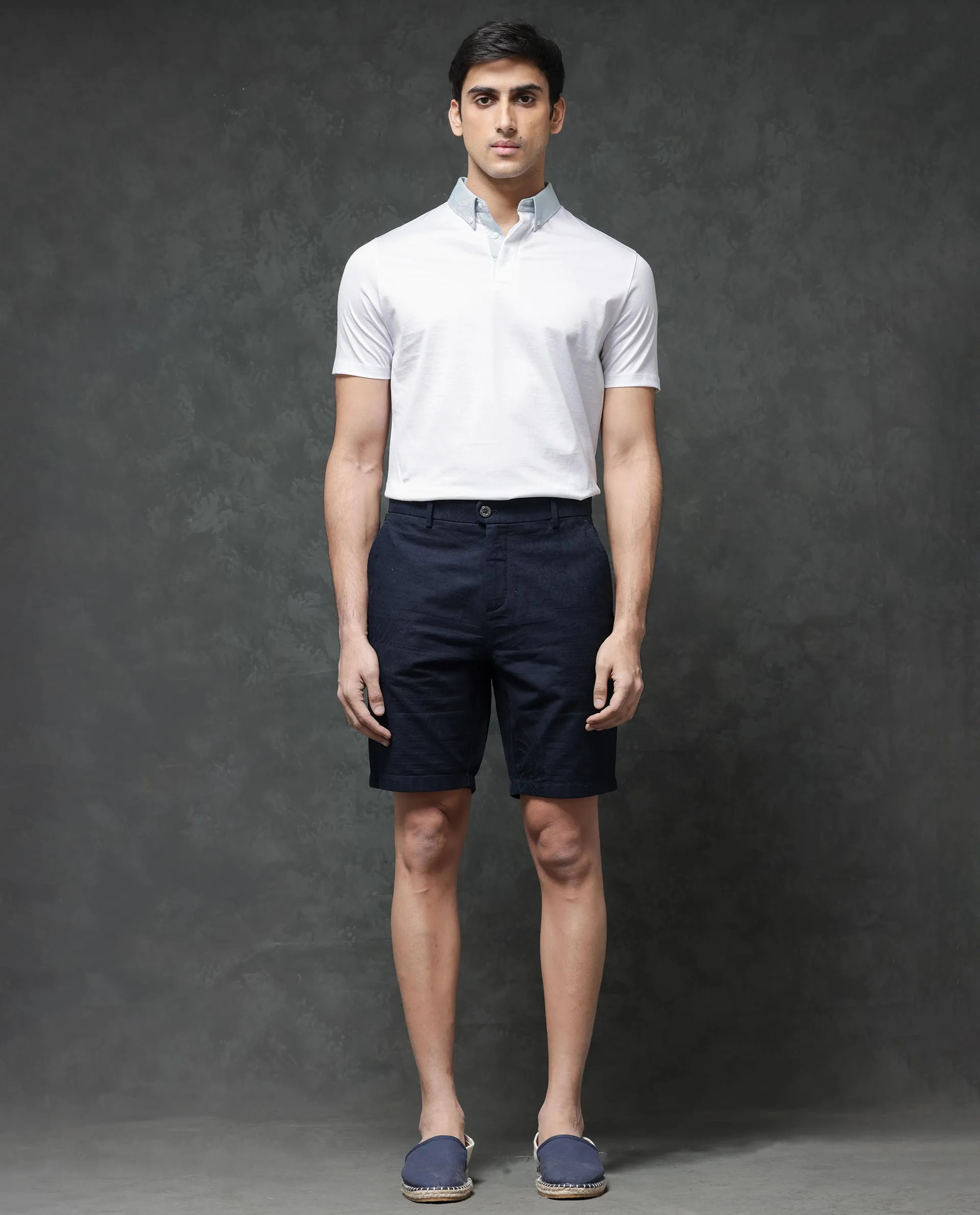 Rare Rabbit Mens Jecky Navy Jacquard Textured Regular Fit Shorts