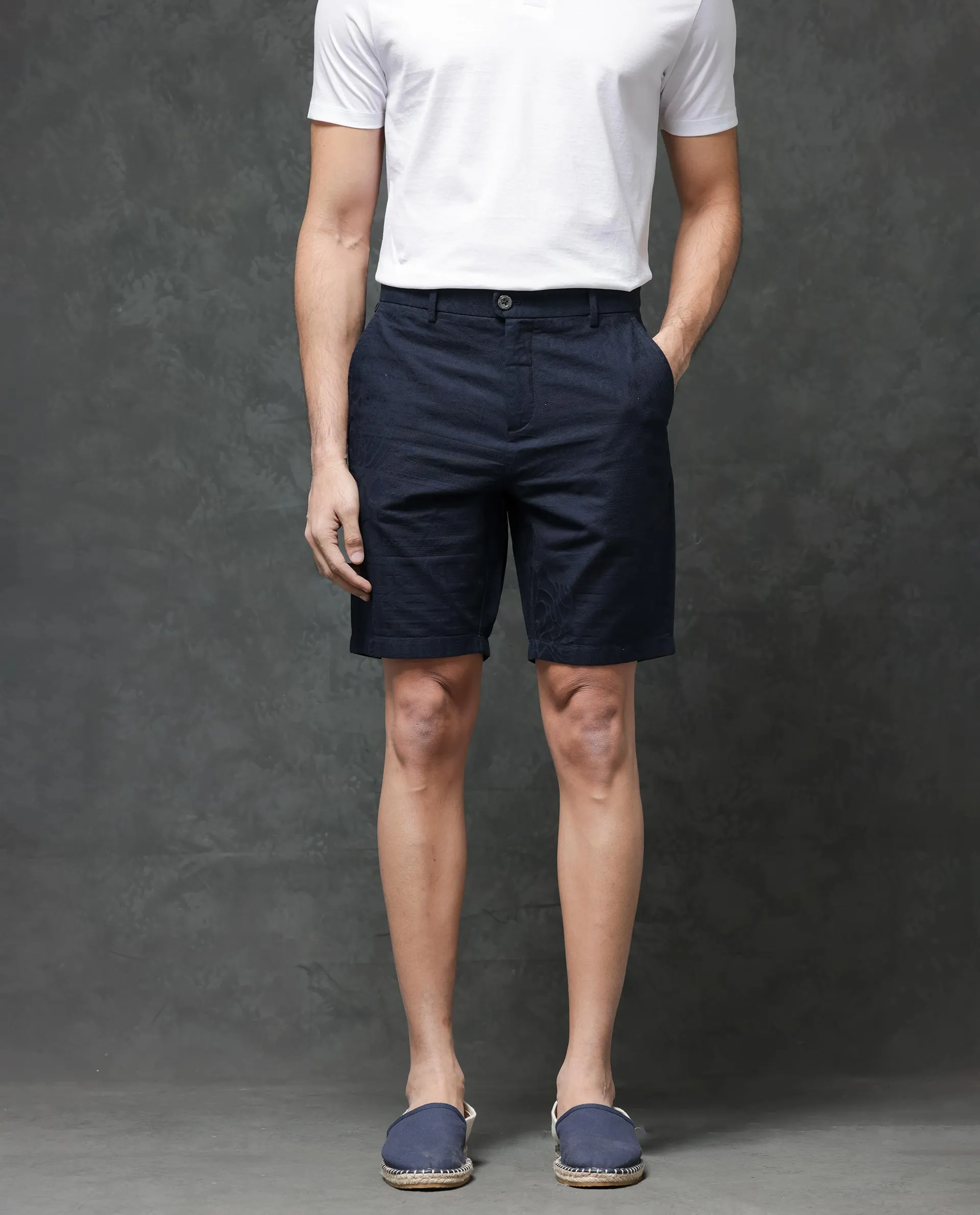 Rare Rabbit Mens Jecky Navy Jacquard Textured Regular Fit Shorts