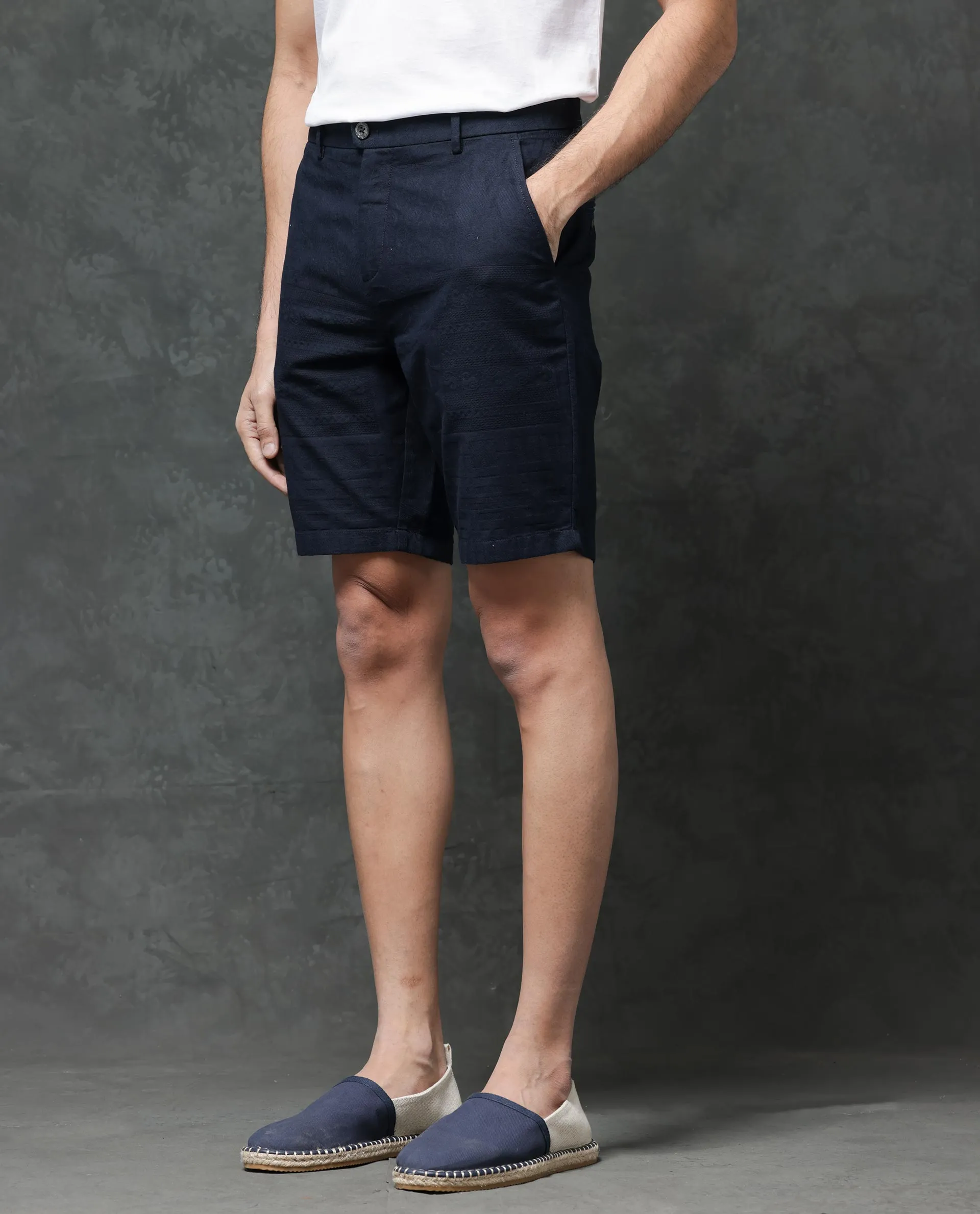 Rare Rabbit Mens Jecky Navy Jacquard Textured Regular Fit Shorts