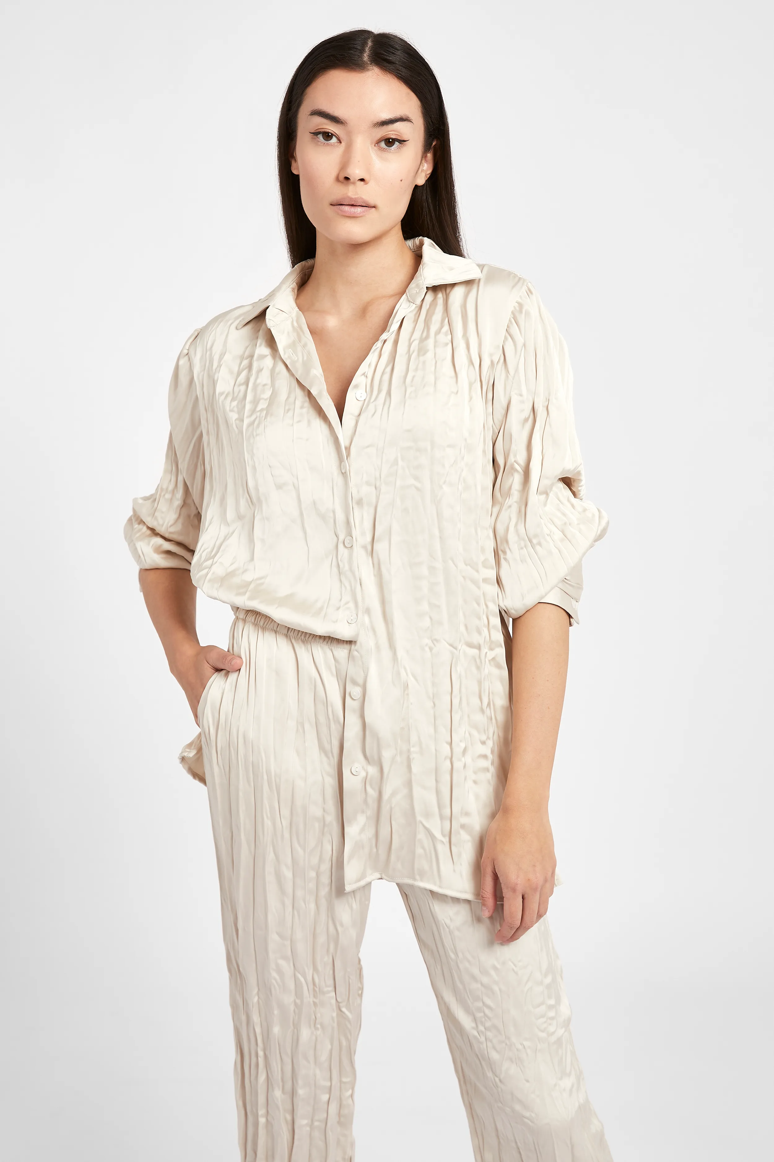 Satin Crinkle Oversized Shirt - Cream