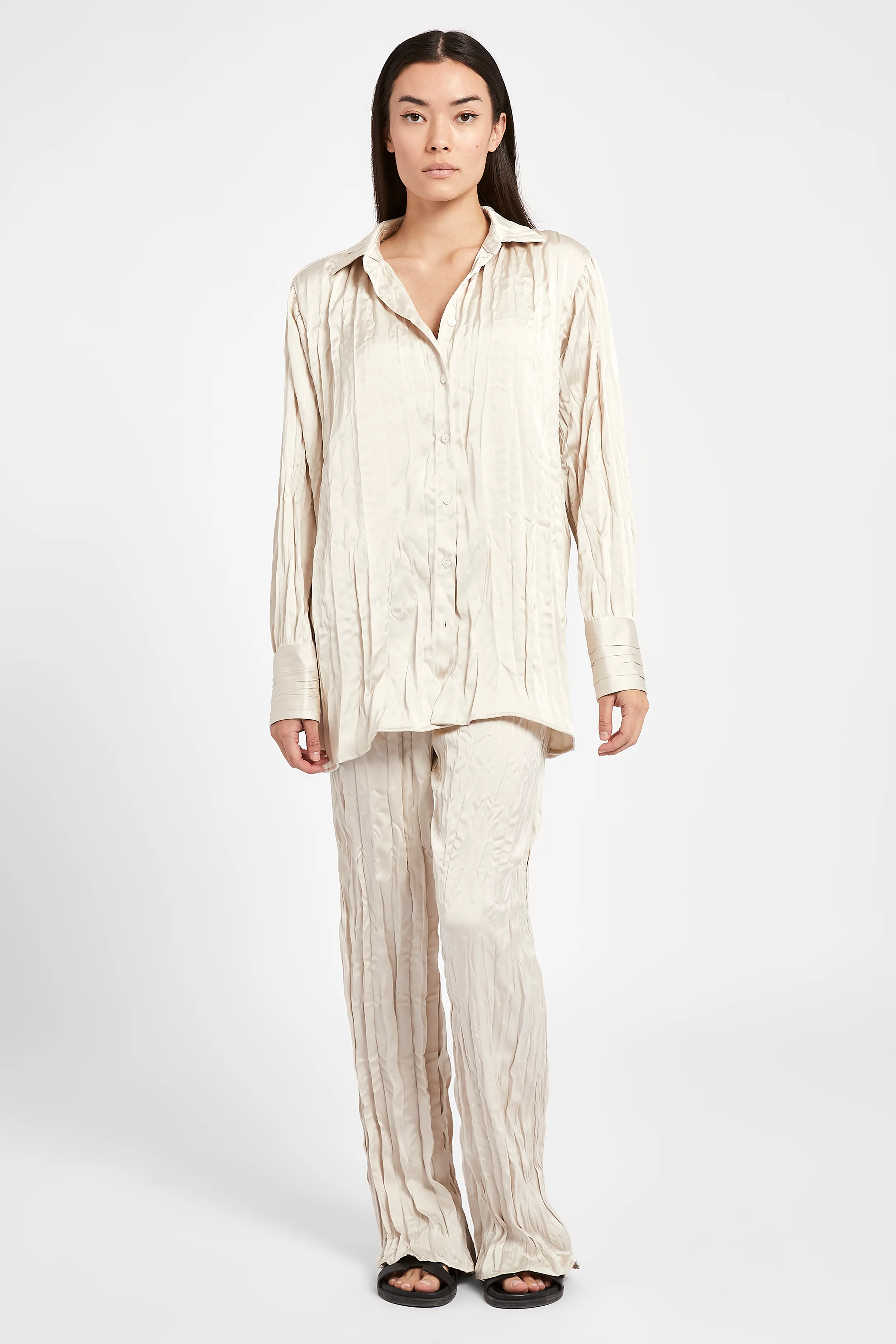 Satin Crinkle Oversized Shirt - Cream