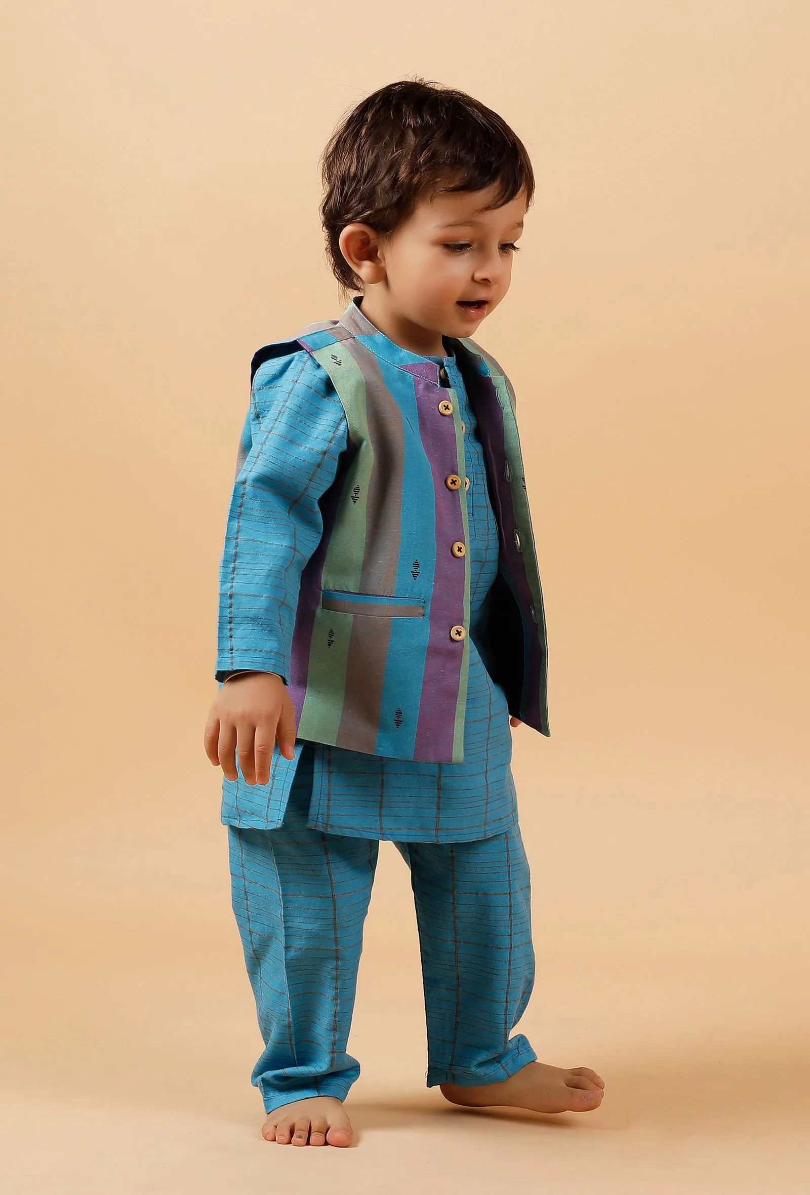 Set of 3: Blue Checked Full Sleeves Kurta With Woven Pant And Nehru Jacket