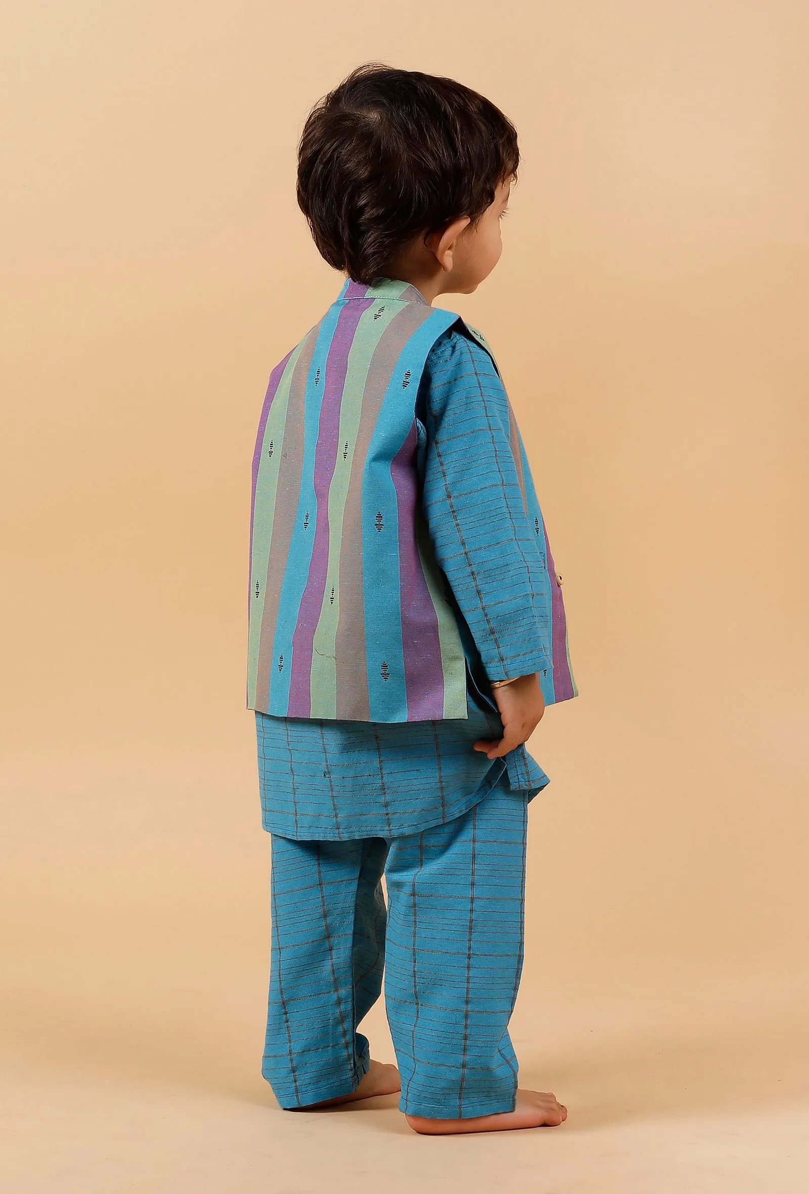 Set of 3: Blue Checked Full Sleeves Kurta With Woven Pant And Nehru Jacket