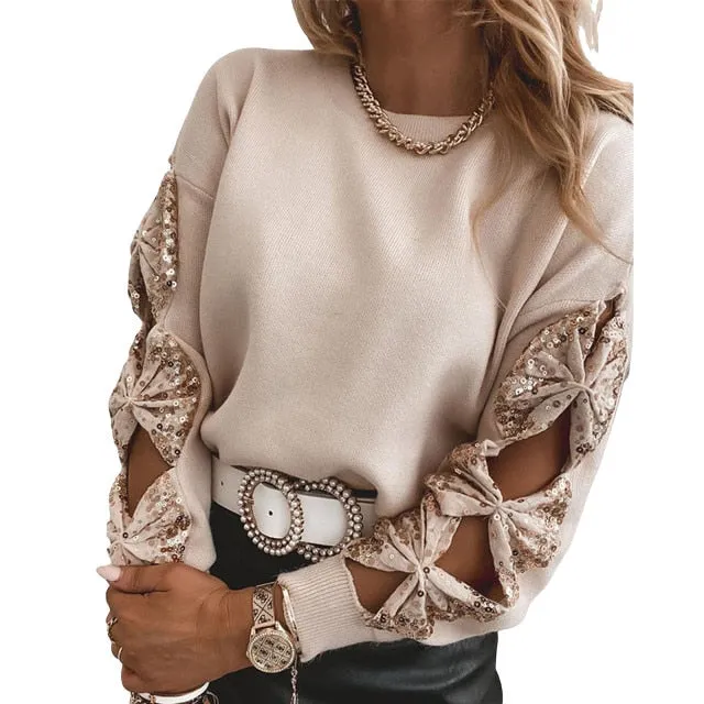 Trendy Sequin Bowknot Hallow Out Long Sleeve Shirt