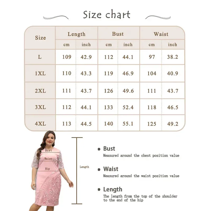 Uniwim Plus Size Women Midi Dress Elegant Embroidered Lace Splicing Casual Short Sleeve Crew Neck Women's Elegant Social Dresses