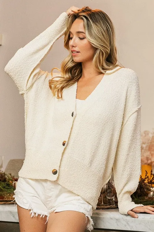 V-Neck Button Up Dropped Shoulder Cardigan