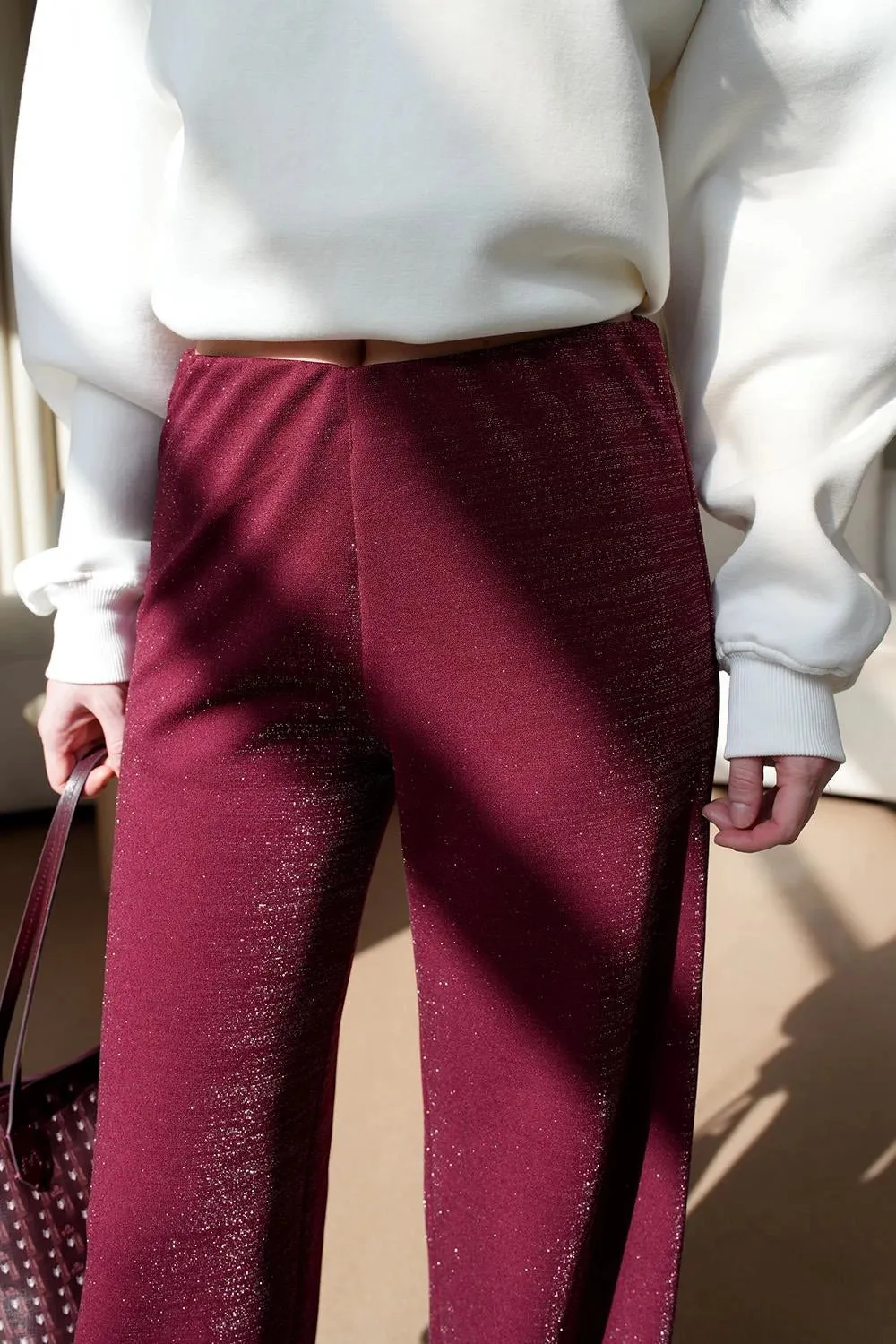 Wide Leg Glittery Women's Burgundy Trousers