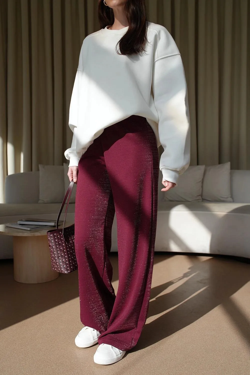 Wide Leg Glittery Women's Burgundy Trousers