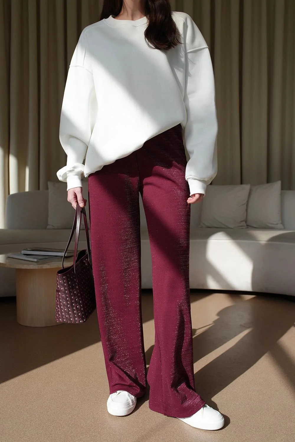 Wide Leg Glittery Women's Burgundy Trousers