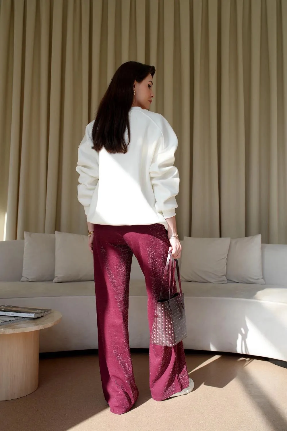 Wide Leg Glittery Women's Burgundy Trousers