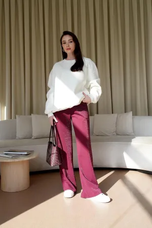 Wide Leg Glittery Women's Burgundy Trousers