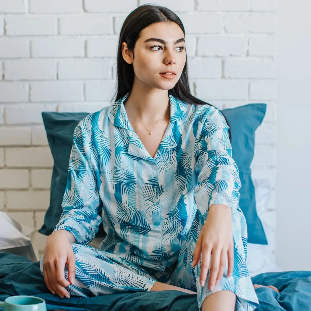 Women summer pajama set Baby Blue Leaves buttoned shirt   Pants