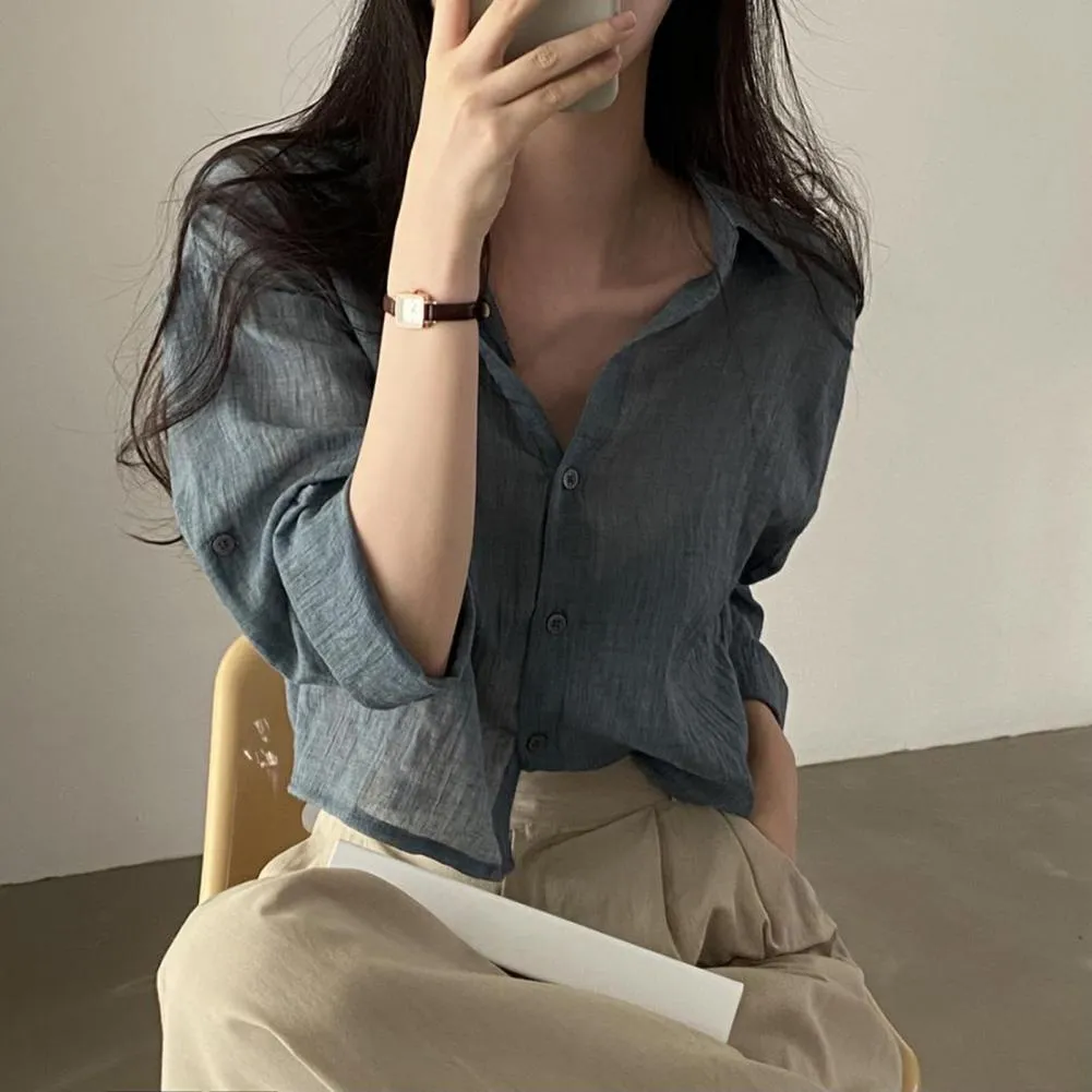 Women Trendy Shirt Blouse Simple Thin Pure Color Anti-UV Shirt Anti-fade Shirt Top - WSB8532