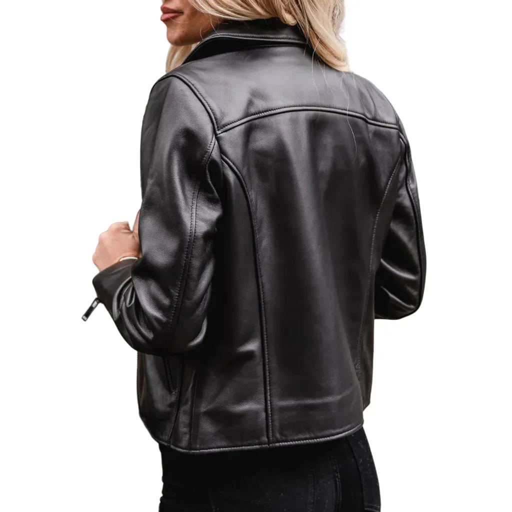 Womens Black Lambskin Leather Moto Jacket