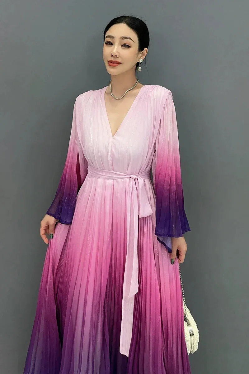 Women's Elegant Dramatic Sleeves Pleated Midi Dress